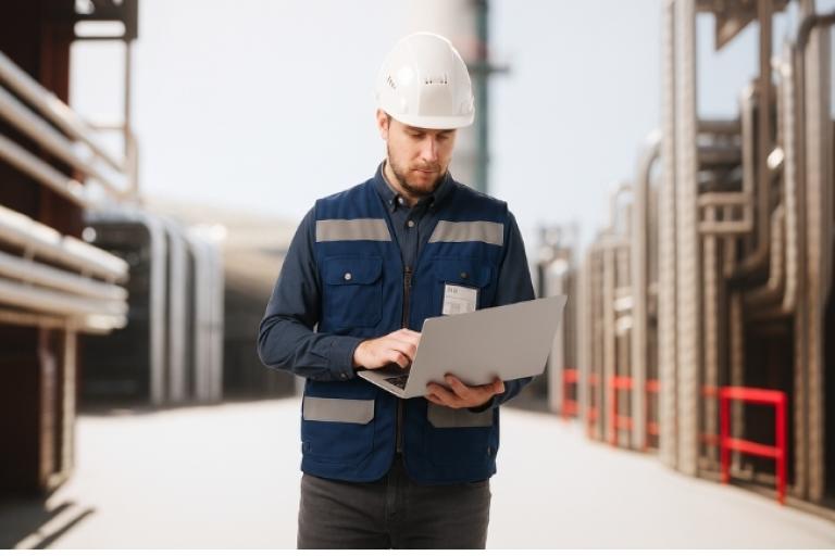 Profissional em ambiente industrial usando capacete e colete azul escuro, operando um notebook entre estruturas metálicas.